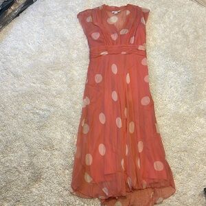 Gorgeous chiffon coral and white polka dot lined dress.